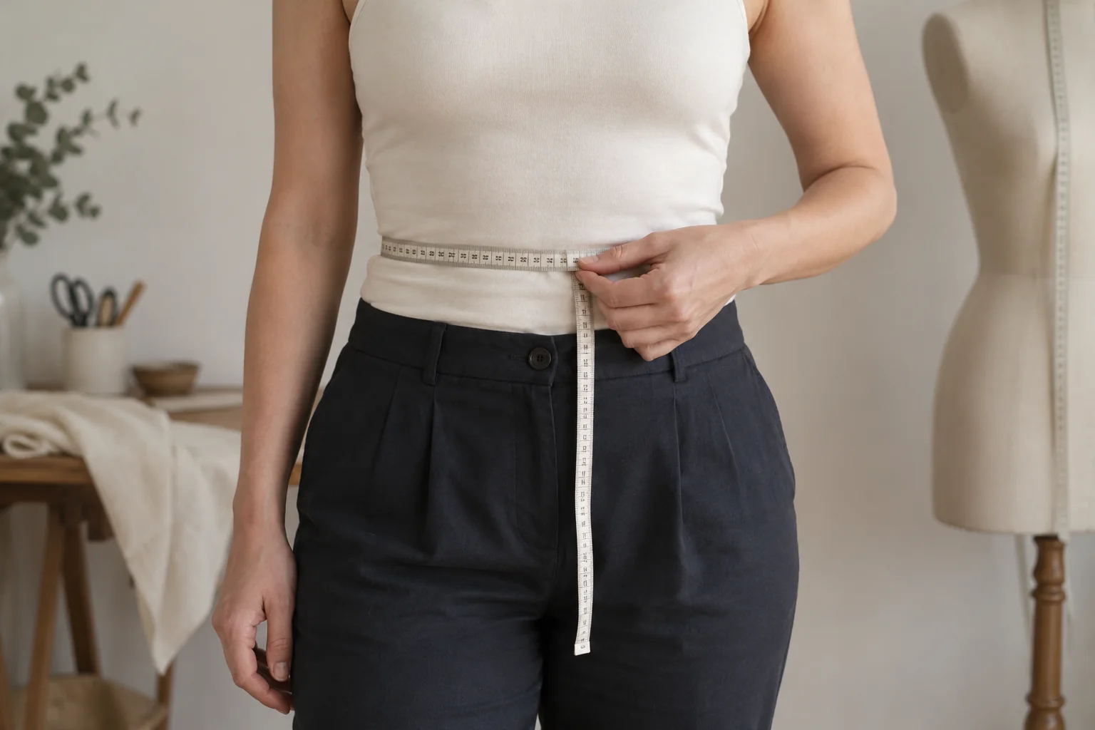 A tape held level around the natural waist over a close-fitting top