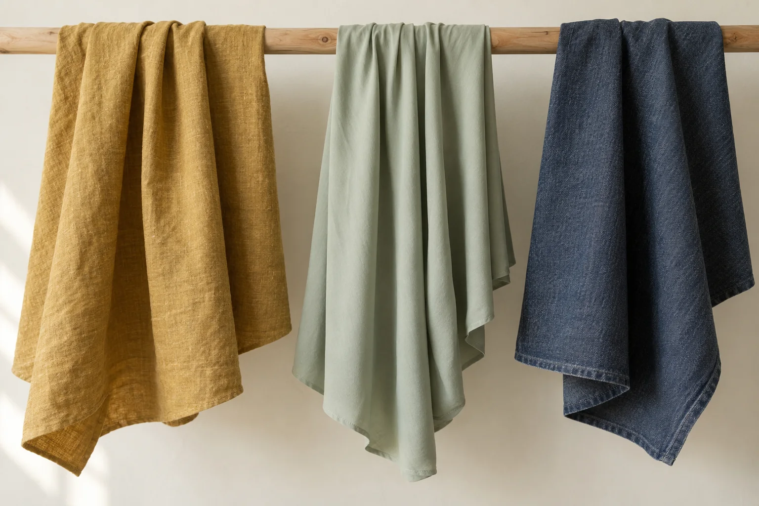 Ochre linen, fluid sage fabric and indigo denim hanging side by side with different folds and structure