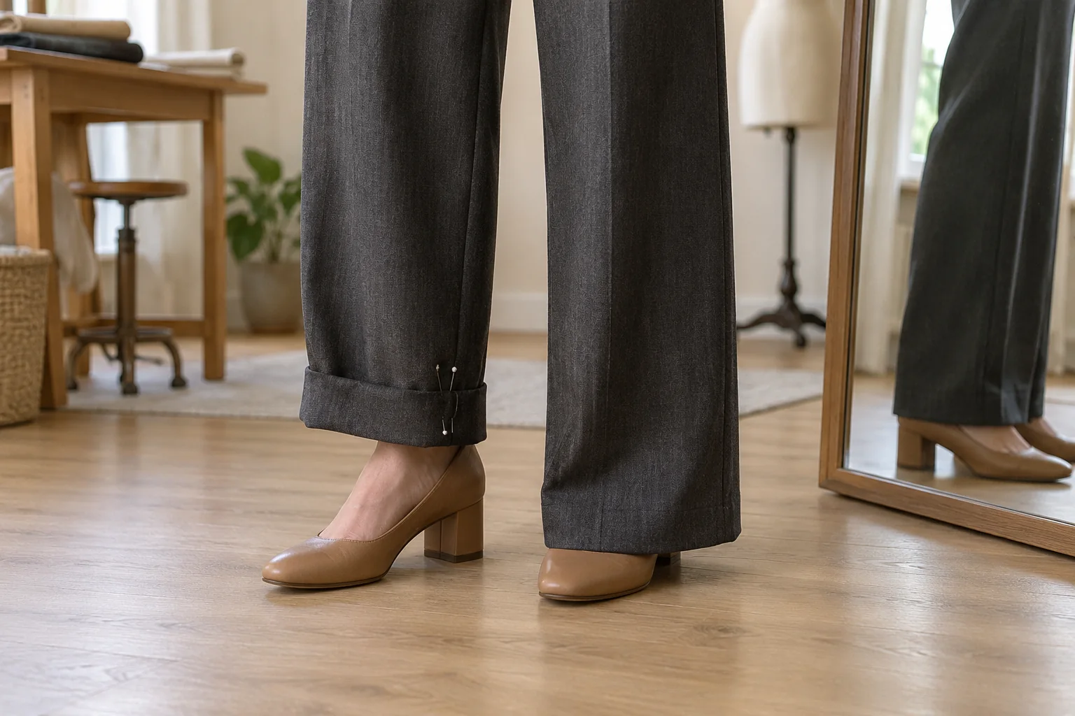 Trouser hems being compared while the wearer stands in the intended block-heel shoes