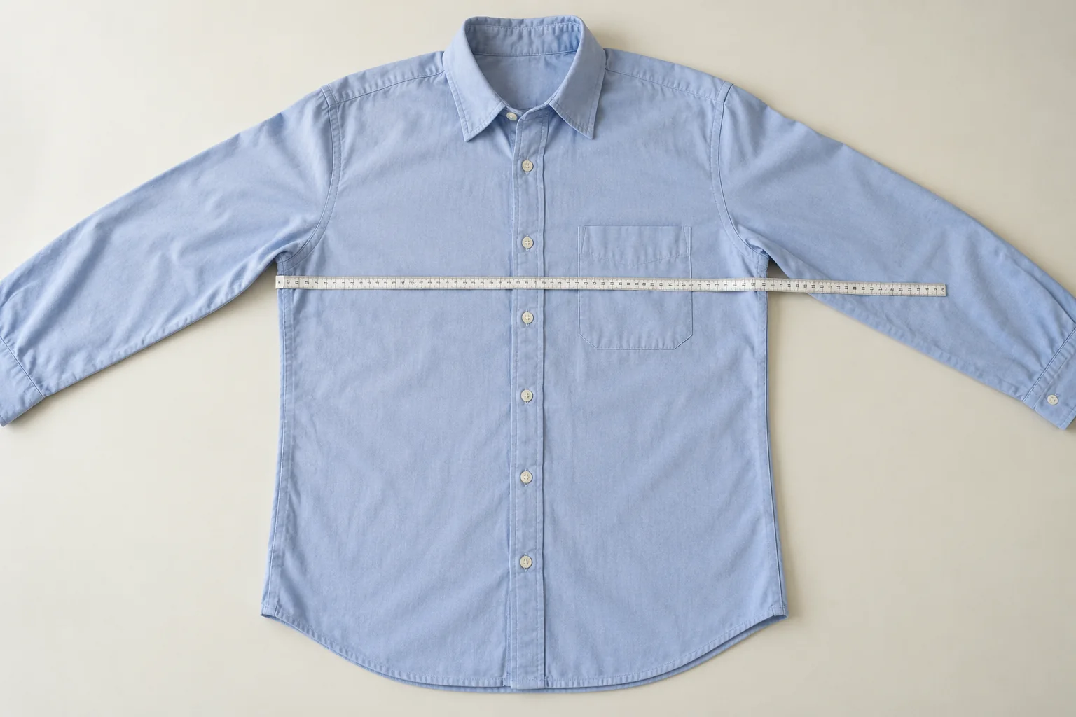 A buttoned blue shirt laid flat with a tape placed across the chest just below the armholes