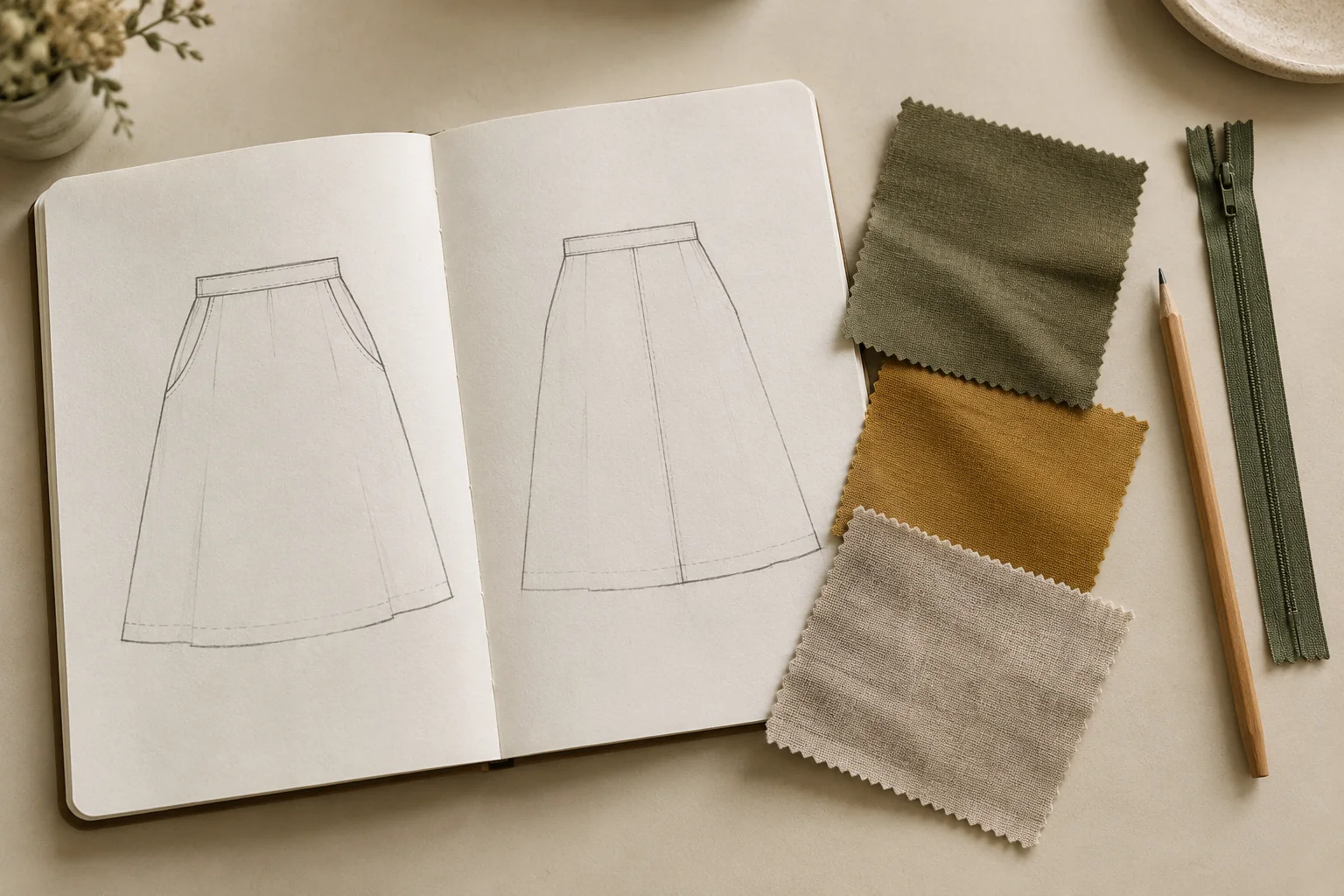 Front and back pencil sketches of an A-line skirt beside fabric swatches and a matching zip